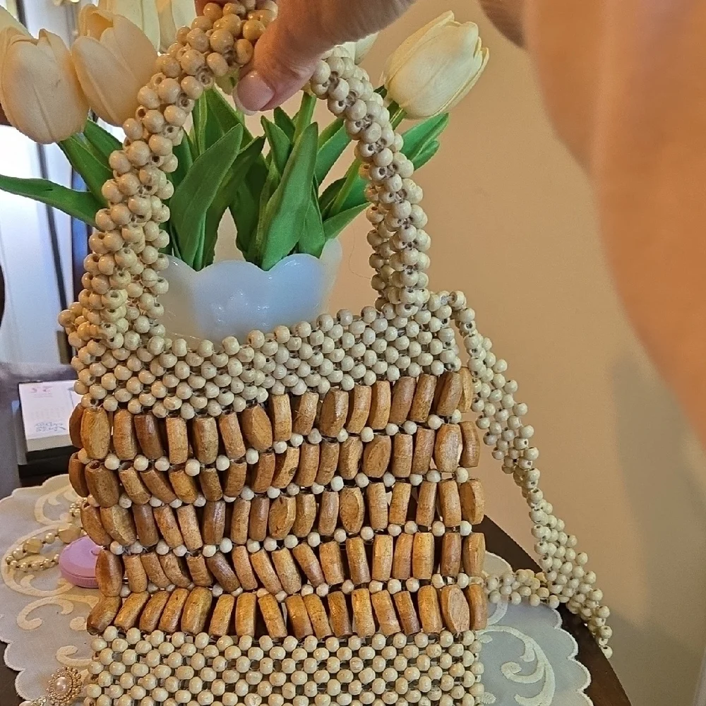 Straw Studios Beaded Bag in Cream and Tan Size 9x9